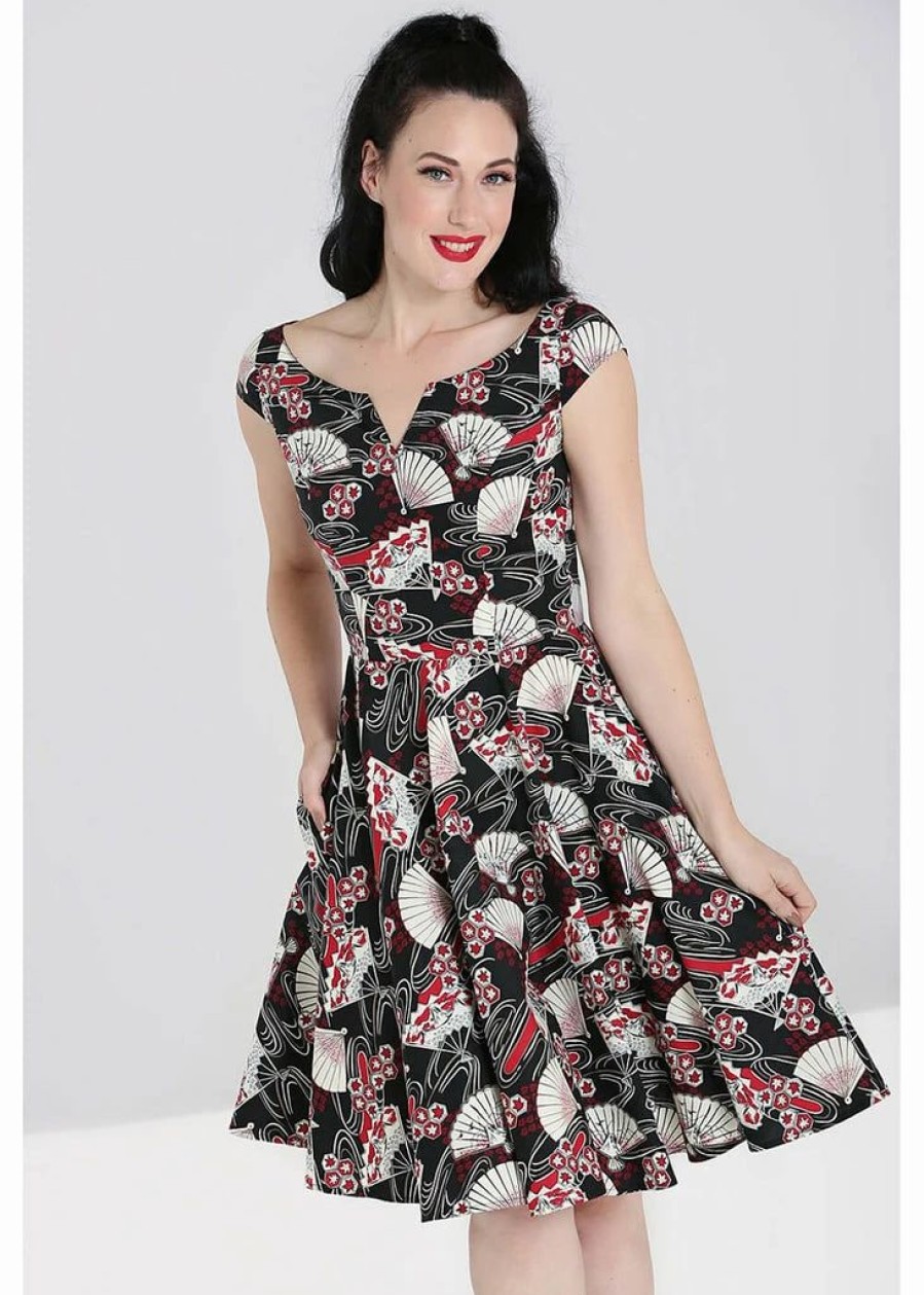 Dresses * | Hell Bunny Lanah Fan 50'S Swing Dress Black