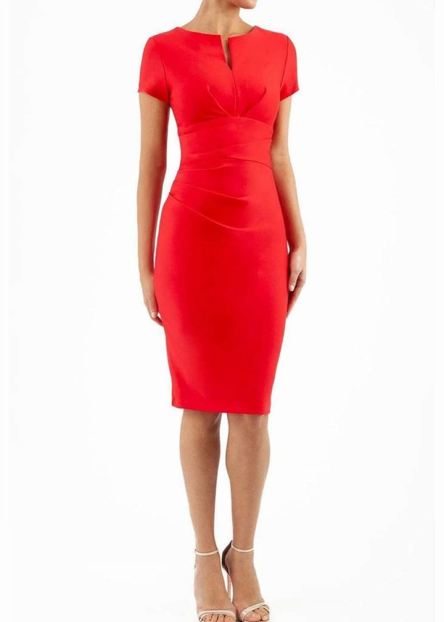 Dresses * | Diva Catwalk Donna Short Sleeves 50'S Pencil Dress Electric Red