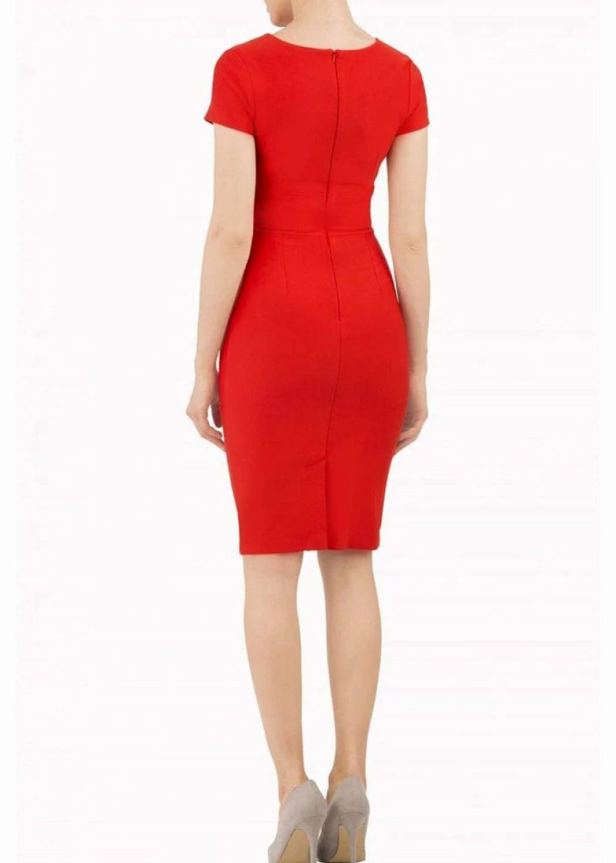 Dresses * | Diva Catwalk Donna Short Sleeves 50'S Pencil Dress Electric Red