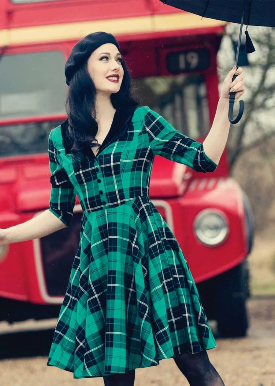 Dresses * | Hell Bunny Beryl Tartan 50'S Swing Mid Dress Green