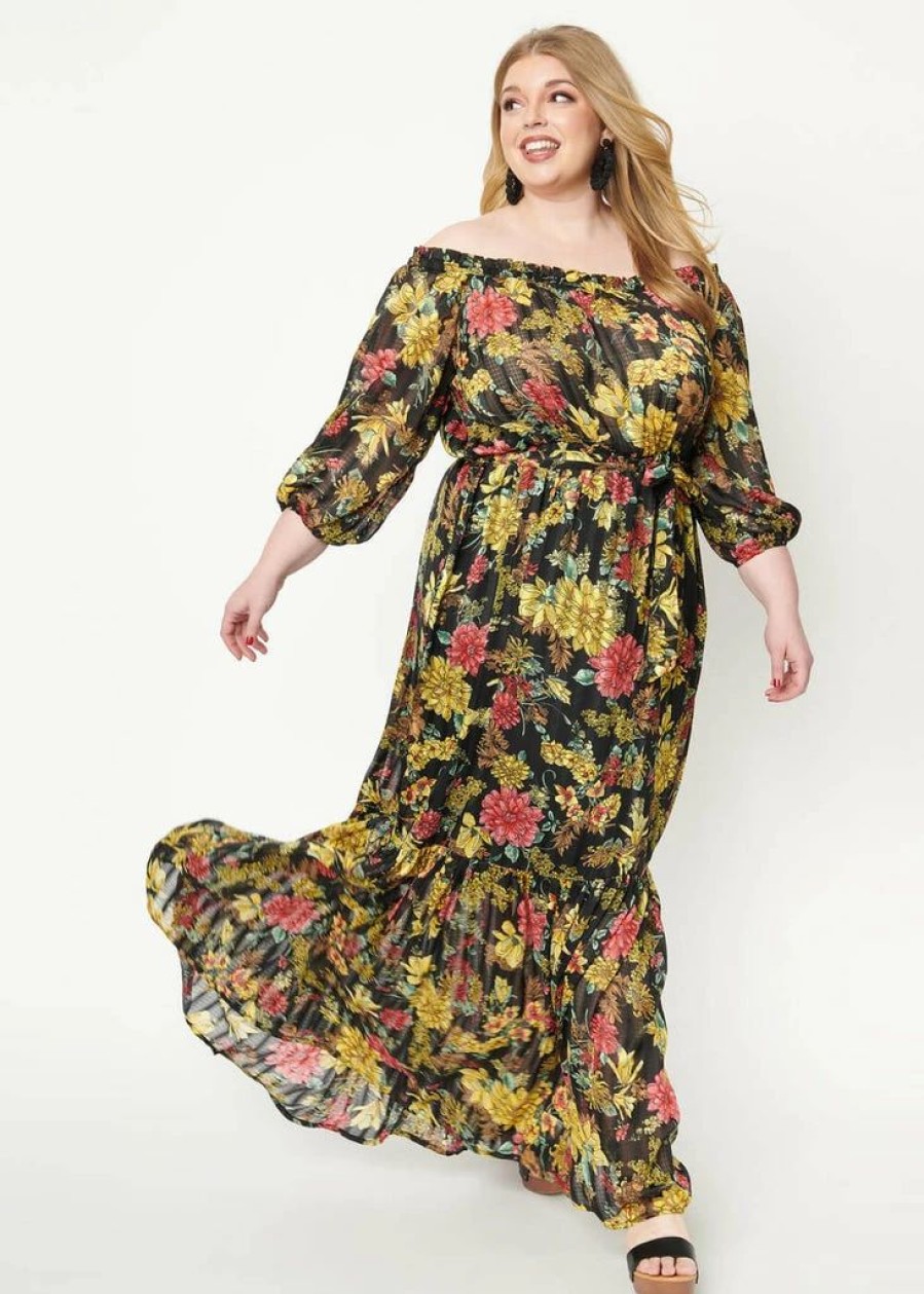 Dresses * | Unique Vintage Sweet Escape 70'S Maxi Dress Black Yellow