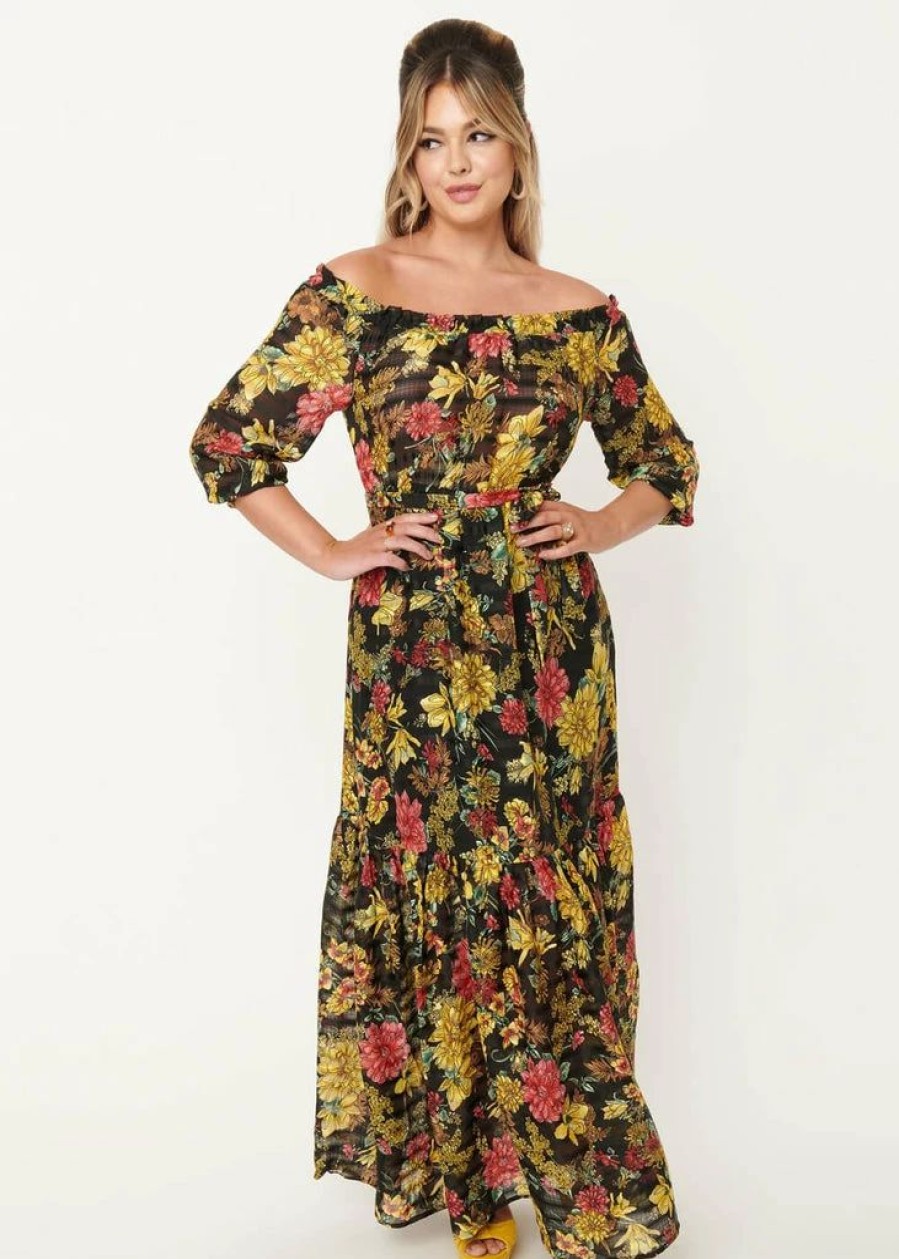 Dresses * | Unique Vintage Sweet Escape 70'S Maxi Dress Black Yellow