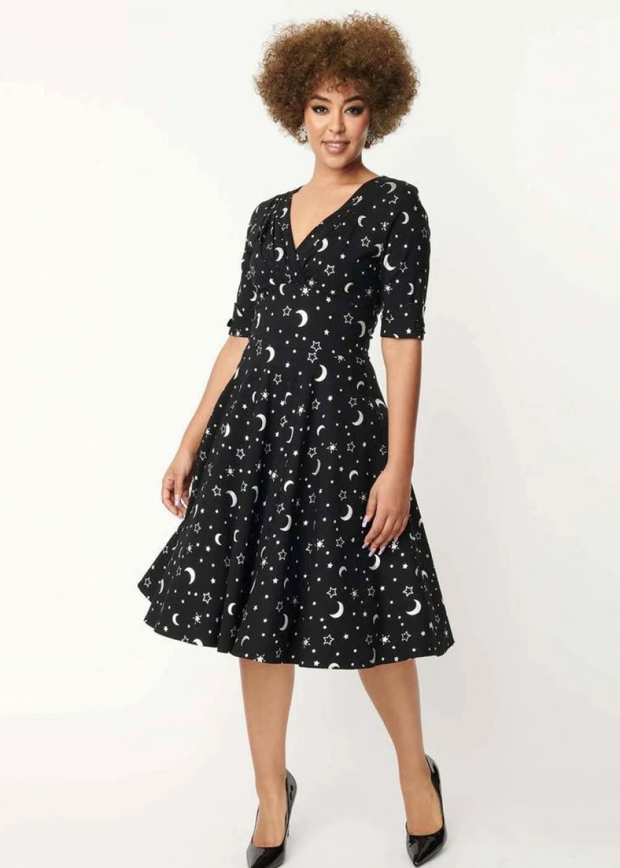 Dresses * | Unique Vintage Delores Galaxy 50'S Swing Dress Black Silver