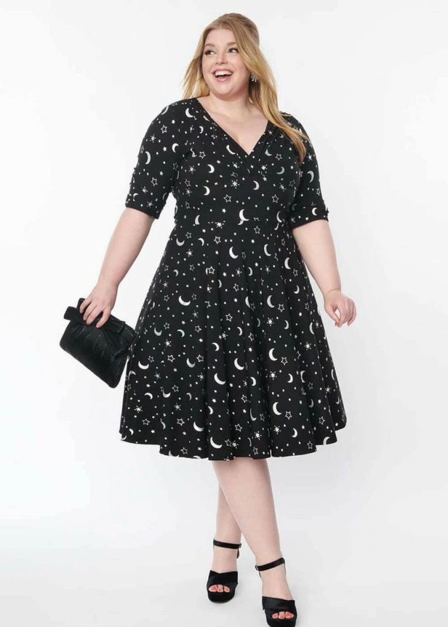 Dresses * | Unique Vintage Delores Galaxy 50'S Swing Dress Black Silver