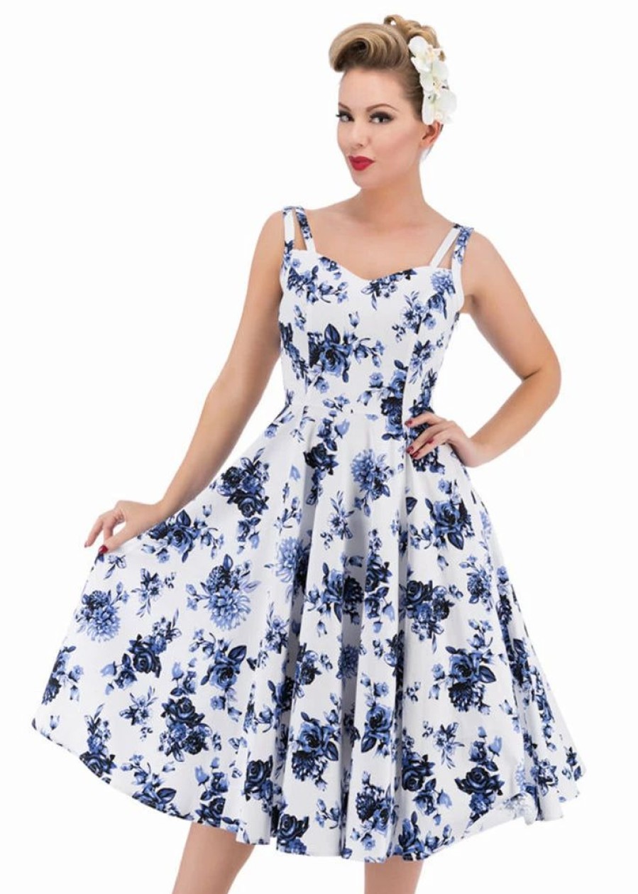 Dresses * | Hearts & Roses Rosanne 50'S Swing Dress White Blue