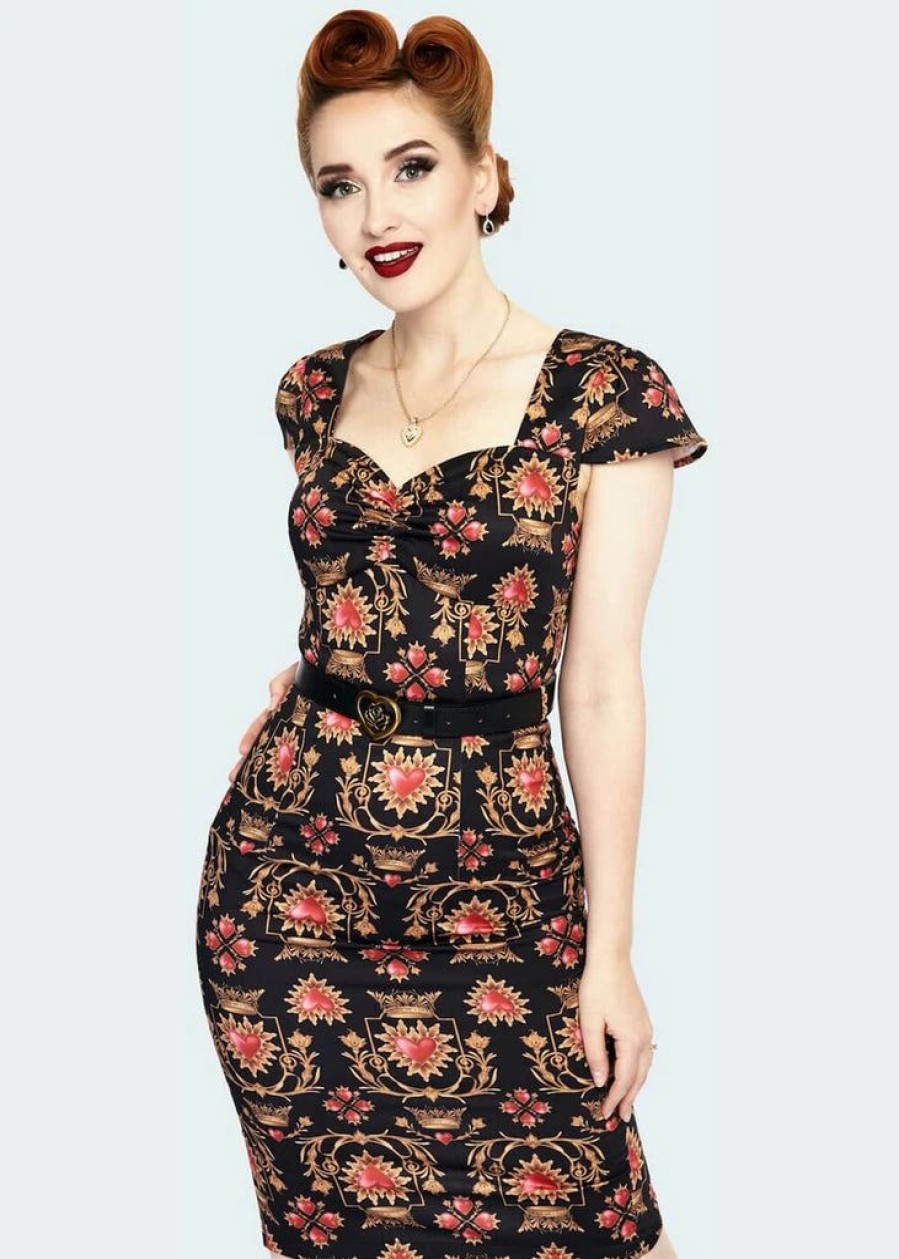 Dresses * | Voodoo Vixen Queen Of Sacred Hearts 50'S Pencil Dress Black