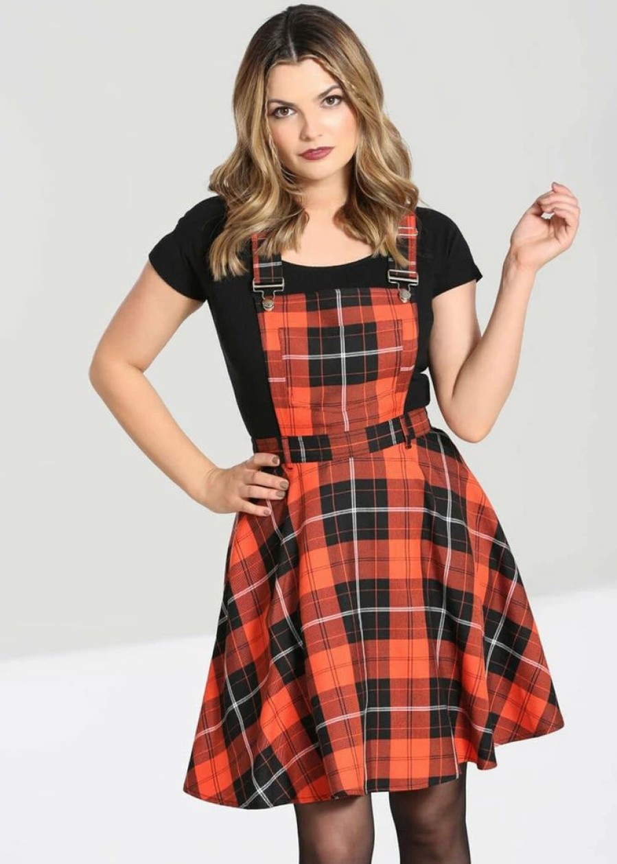 Dresses * | Hell Bunny Clementine Pumpkin Tartan 40'S Pinafore Swing Dress Orange