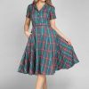 Dresses * | Collectif Caterina Lake Check 50'S Swing Dress Teal