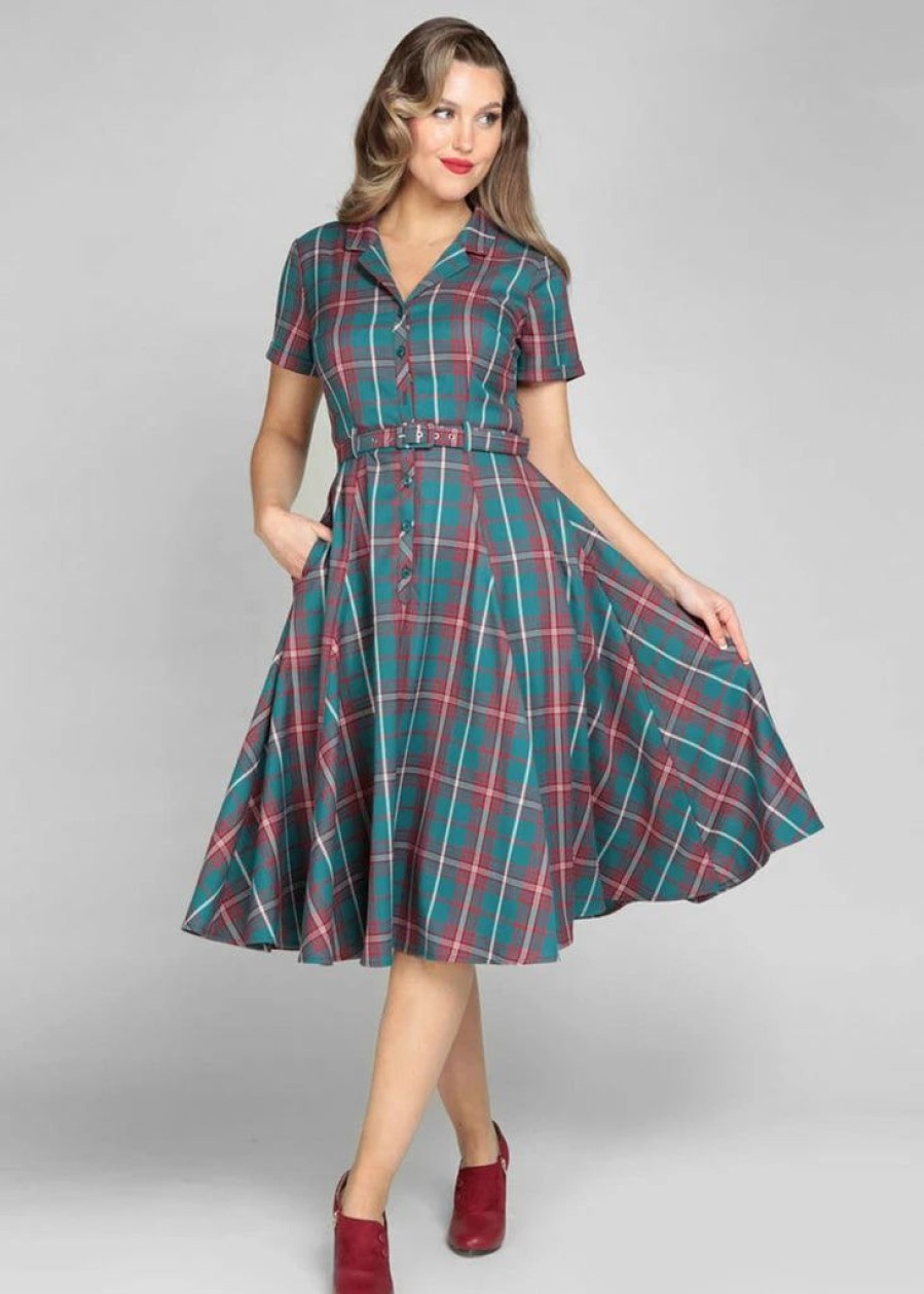 Dresses * | Collectif Caterina Lake Check 50'S Swing Dress Teal