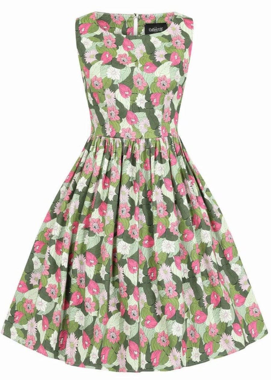 Dresses * | Collectif Candice Palm Blush Floral 50'S Swing Dress Green