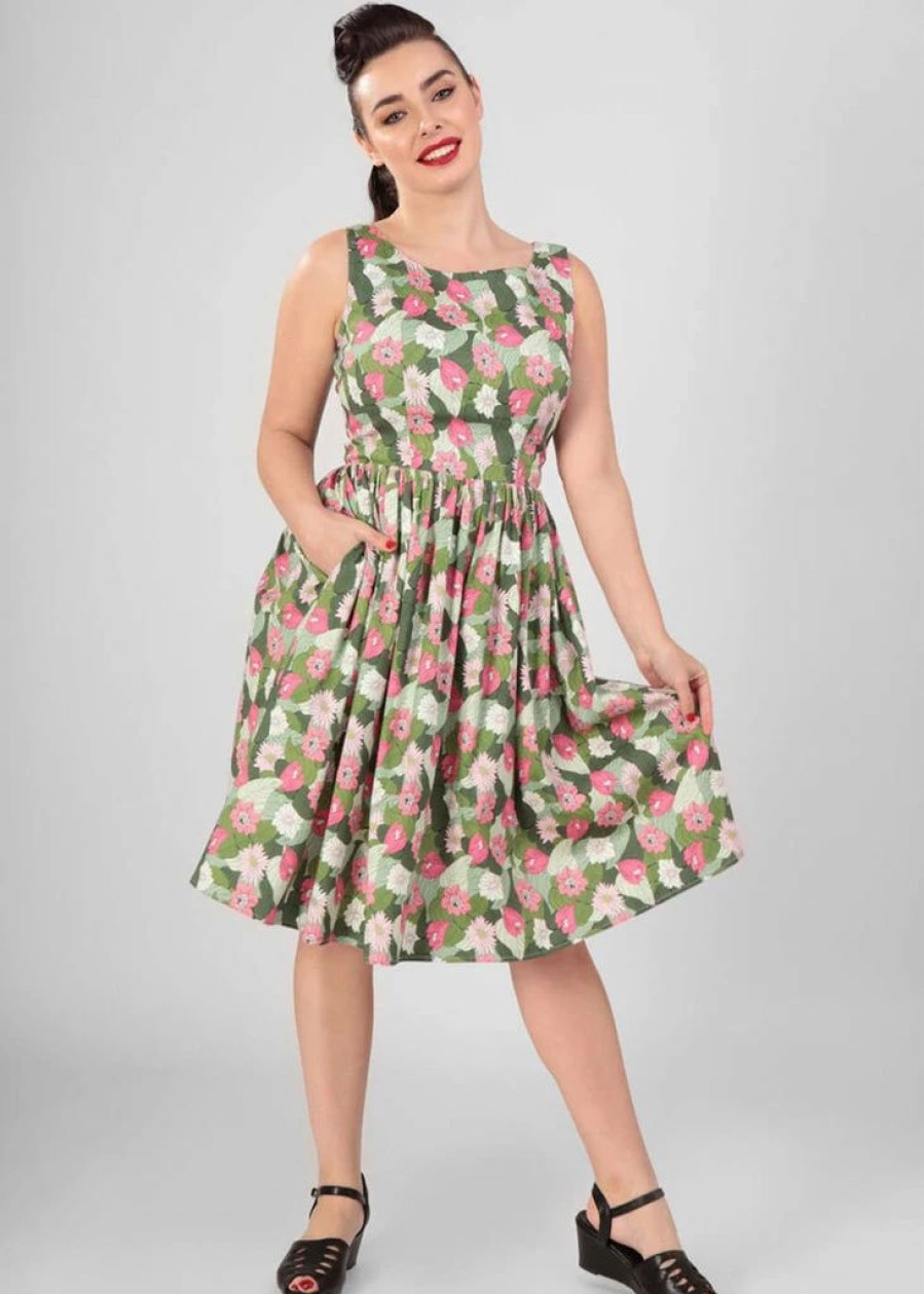 Dresses * | Collectif Candice Palm Blush Floral 50'S Swing Dress Green